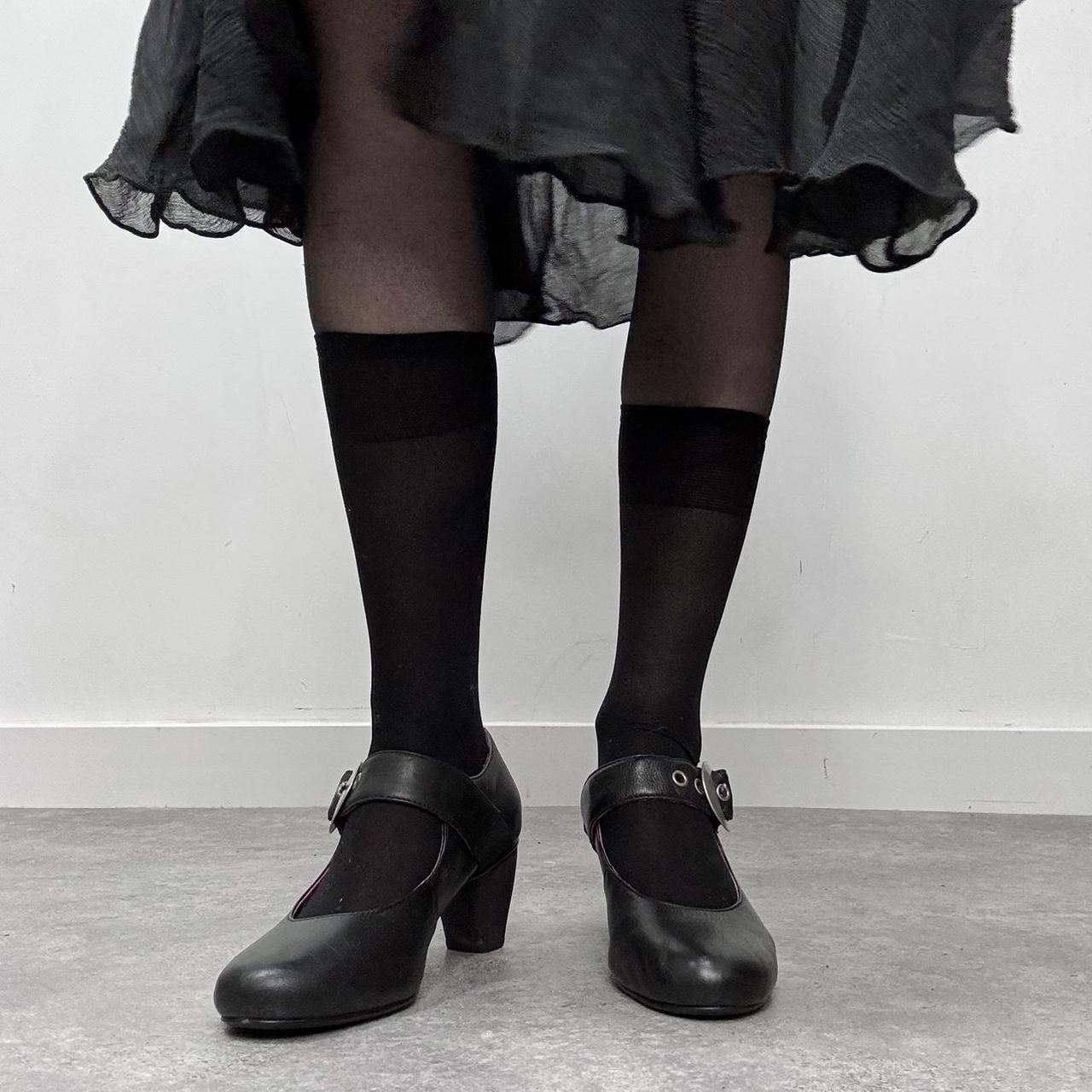 Black leather buckle heel mary janes