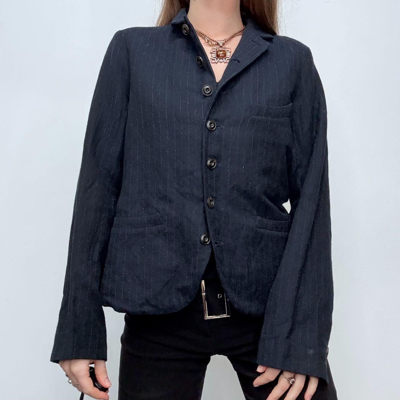 Navy pinstripe flared high neck jacket