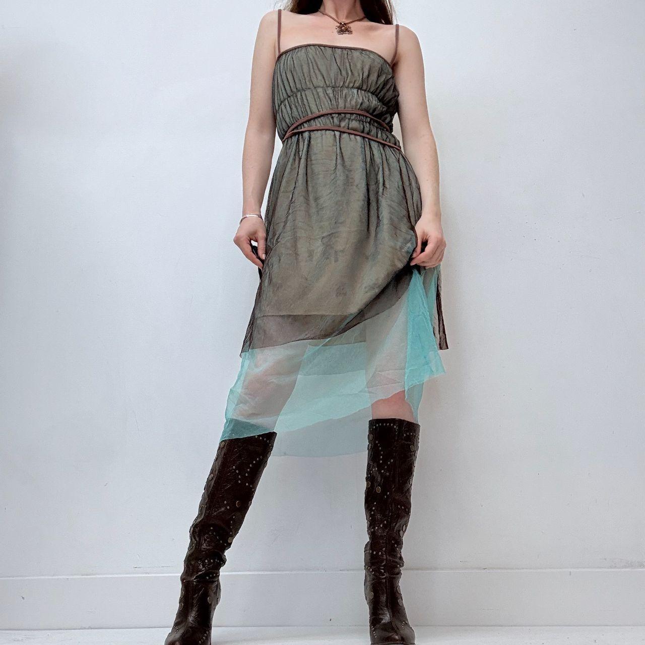Sheer layered mesh gathered midi dress