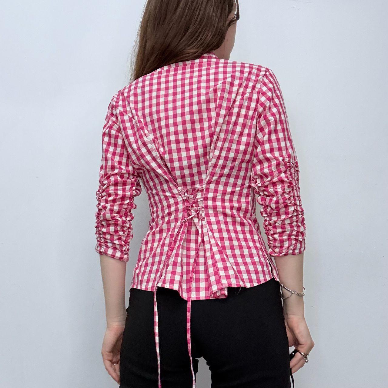 Pink tartan ruffle ruched shirt