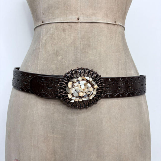 Brown leather embossed boho western belt
