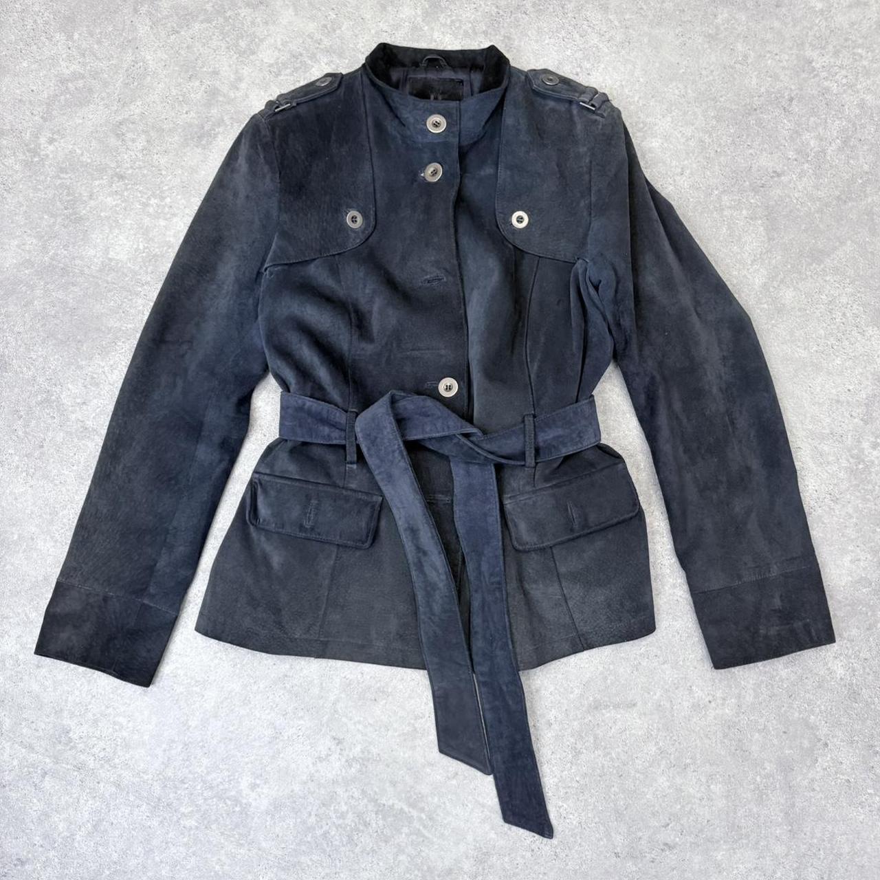 Navy suede high neck flared jacket