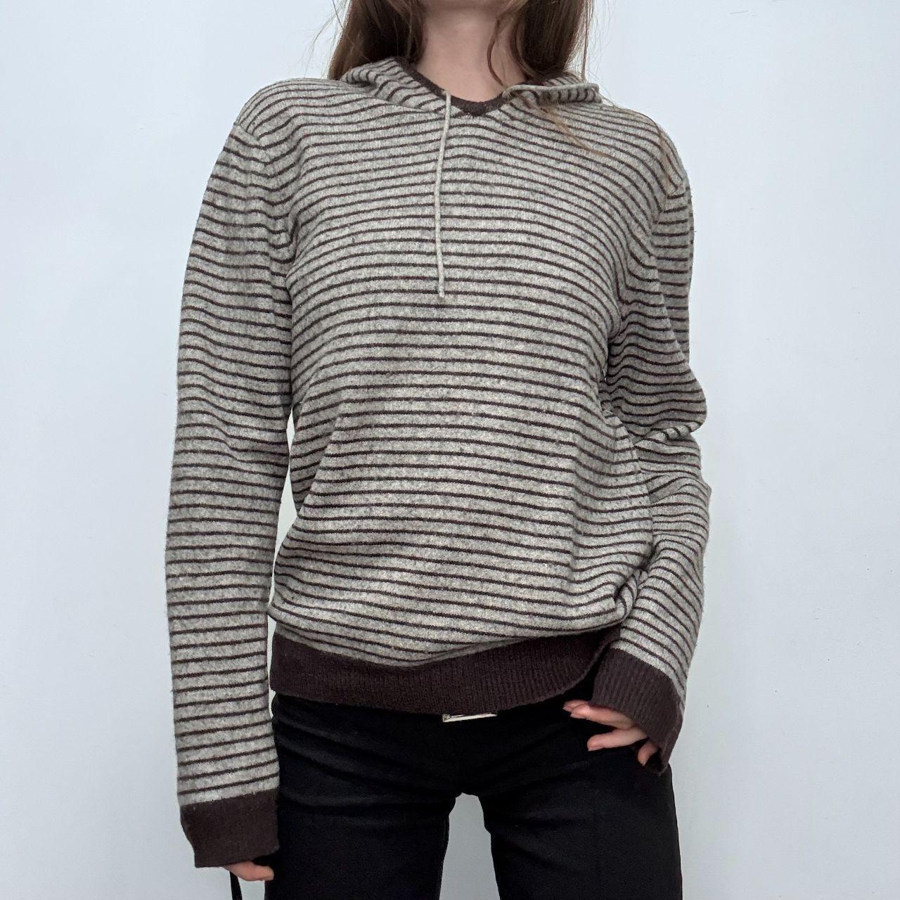 Grey wool pinstripe knitted hoodie jumper