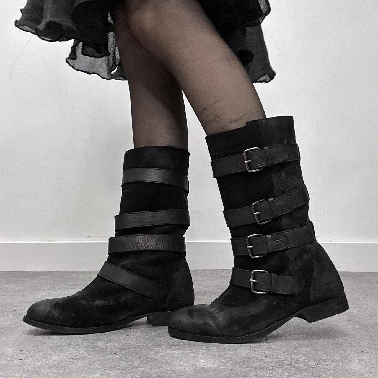 Black leather buckle biker boots