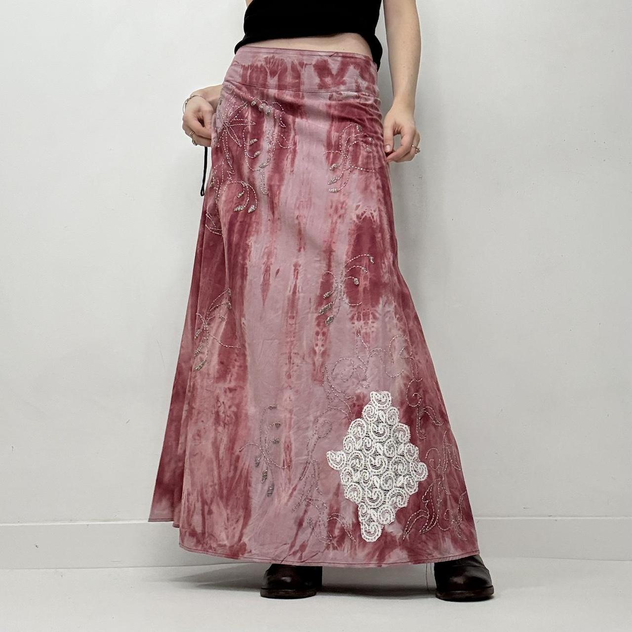 Pink distressed boho maxi skirt