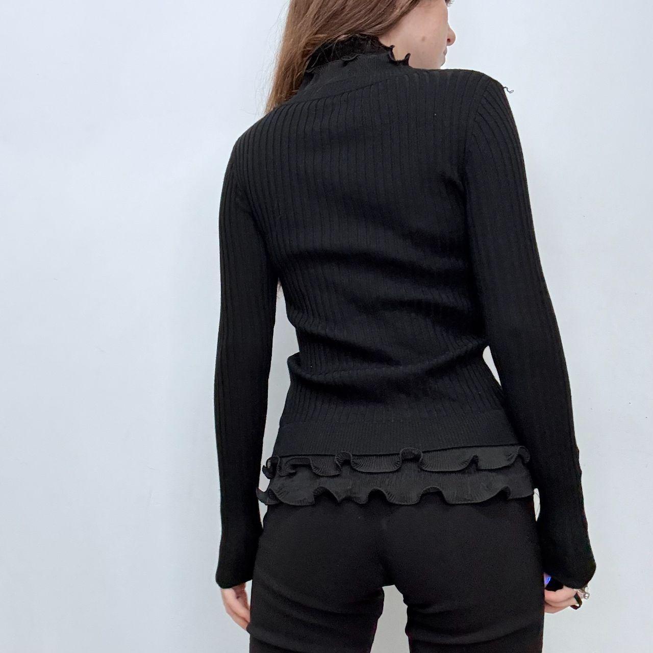 Black pleated ruffle shirt ribbed cardi