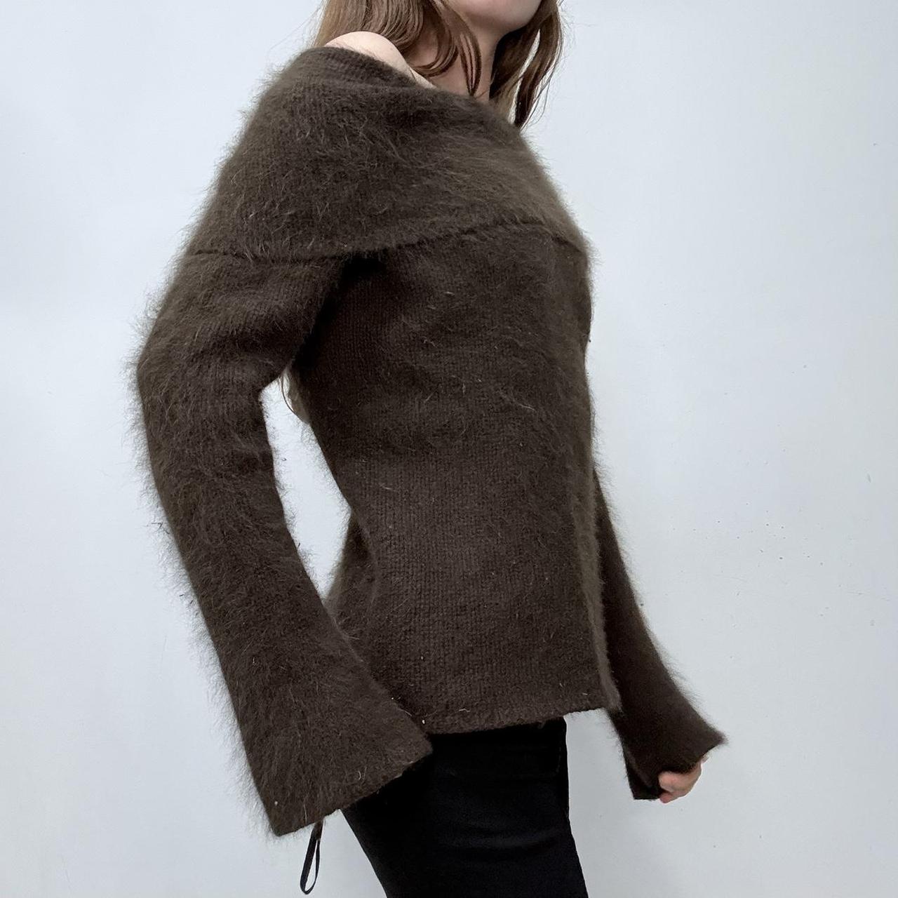 Brown asymmetric slouchy fold over neck flared jumper