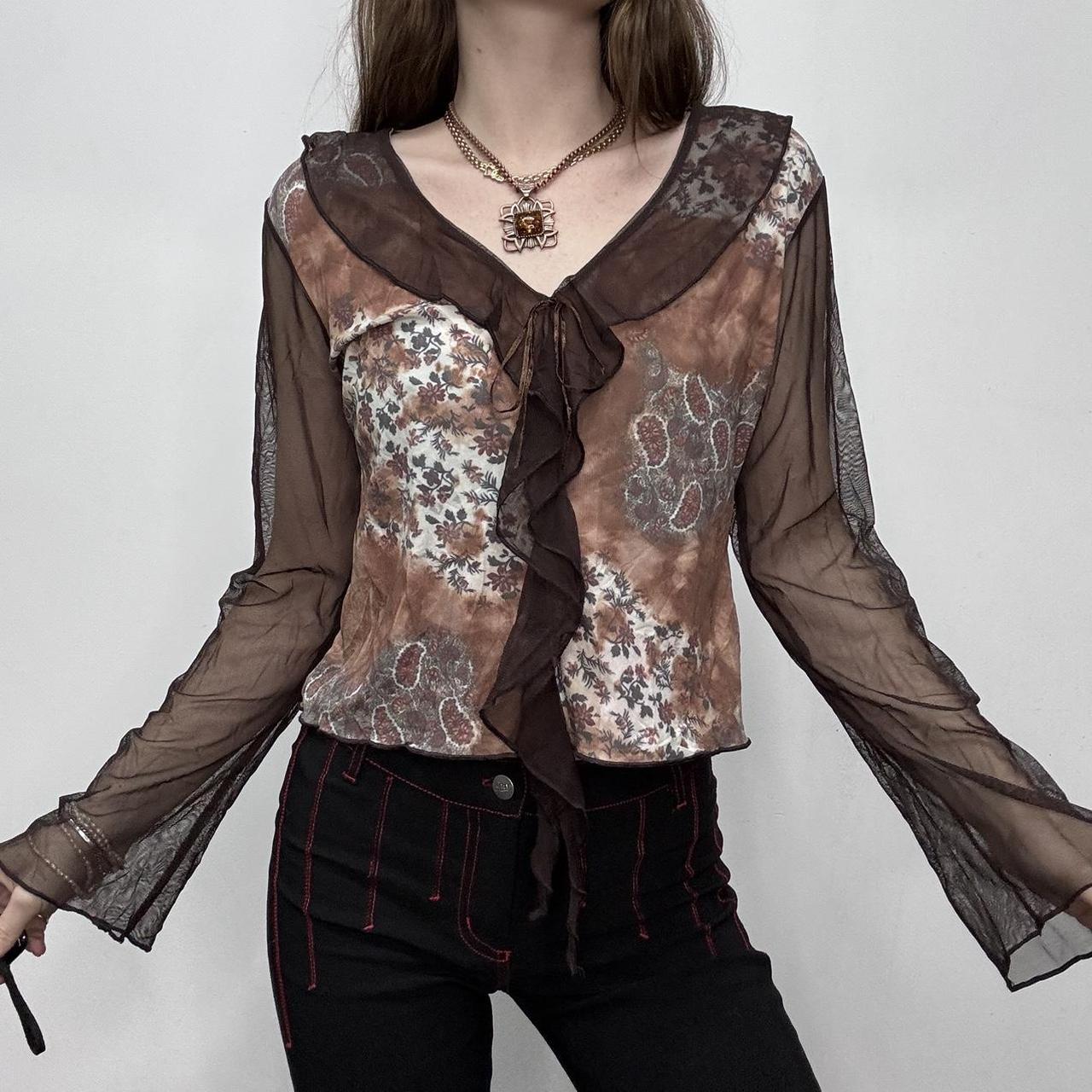 Brown flared floral ruffle shirt