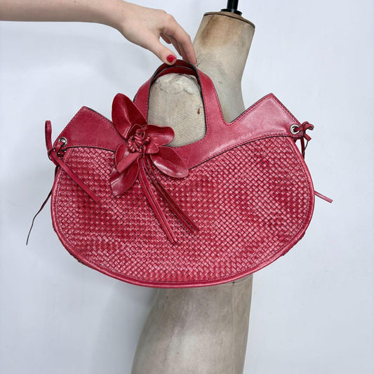Woven red leather flower bag
