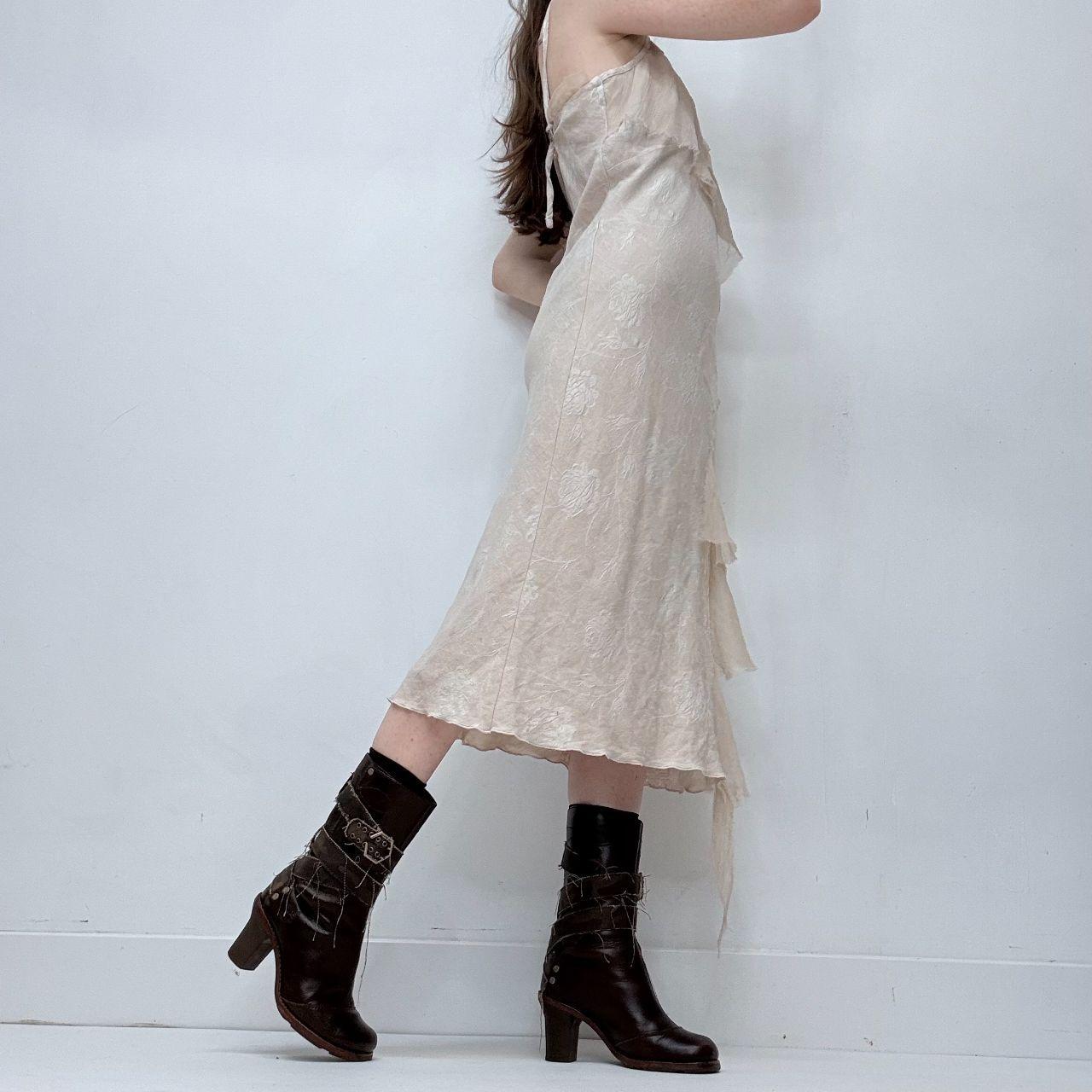 Asymmetric tan flutter midi dress