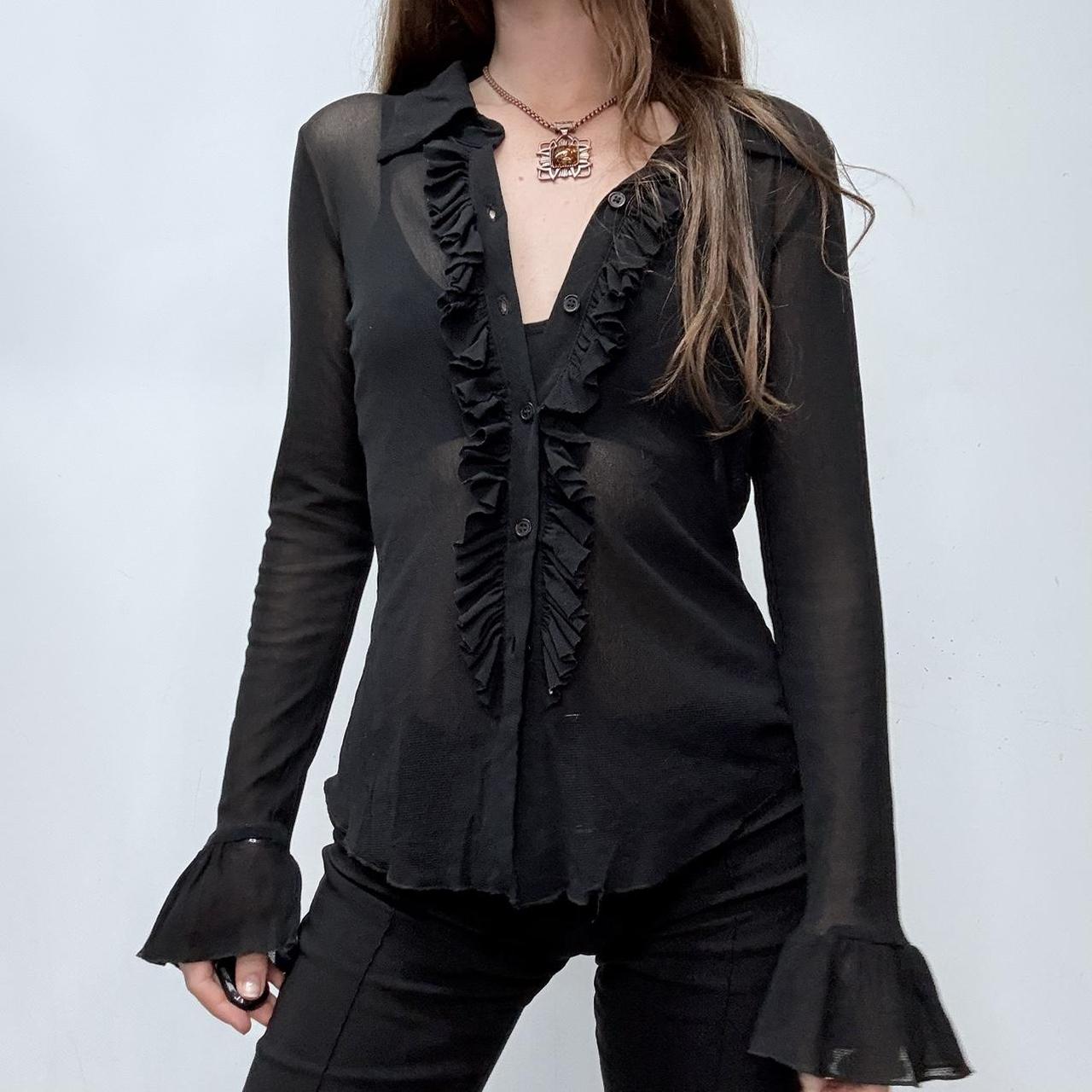Black sheer flared ruffle shirt