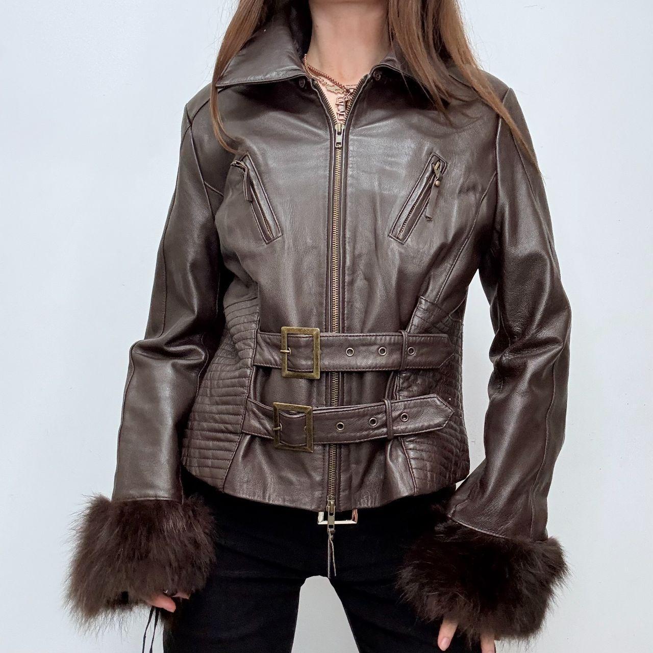 Brown leather flared buckle jacket