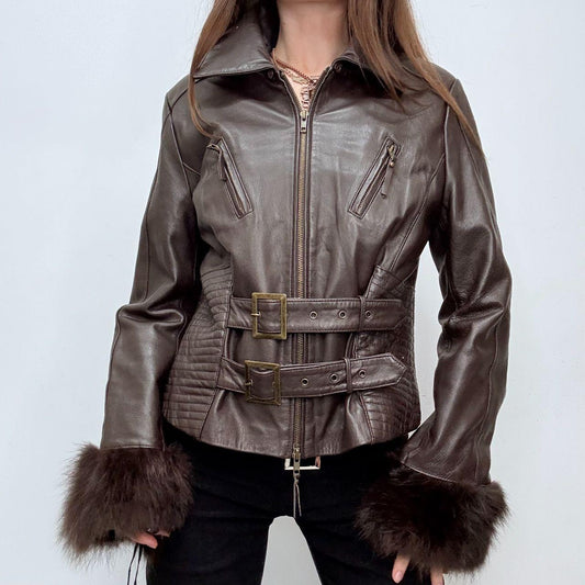 Brown leather flared buckle jacket