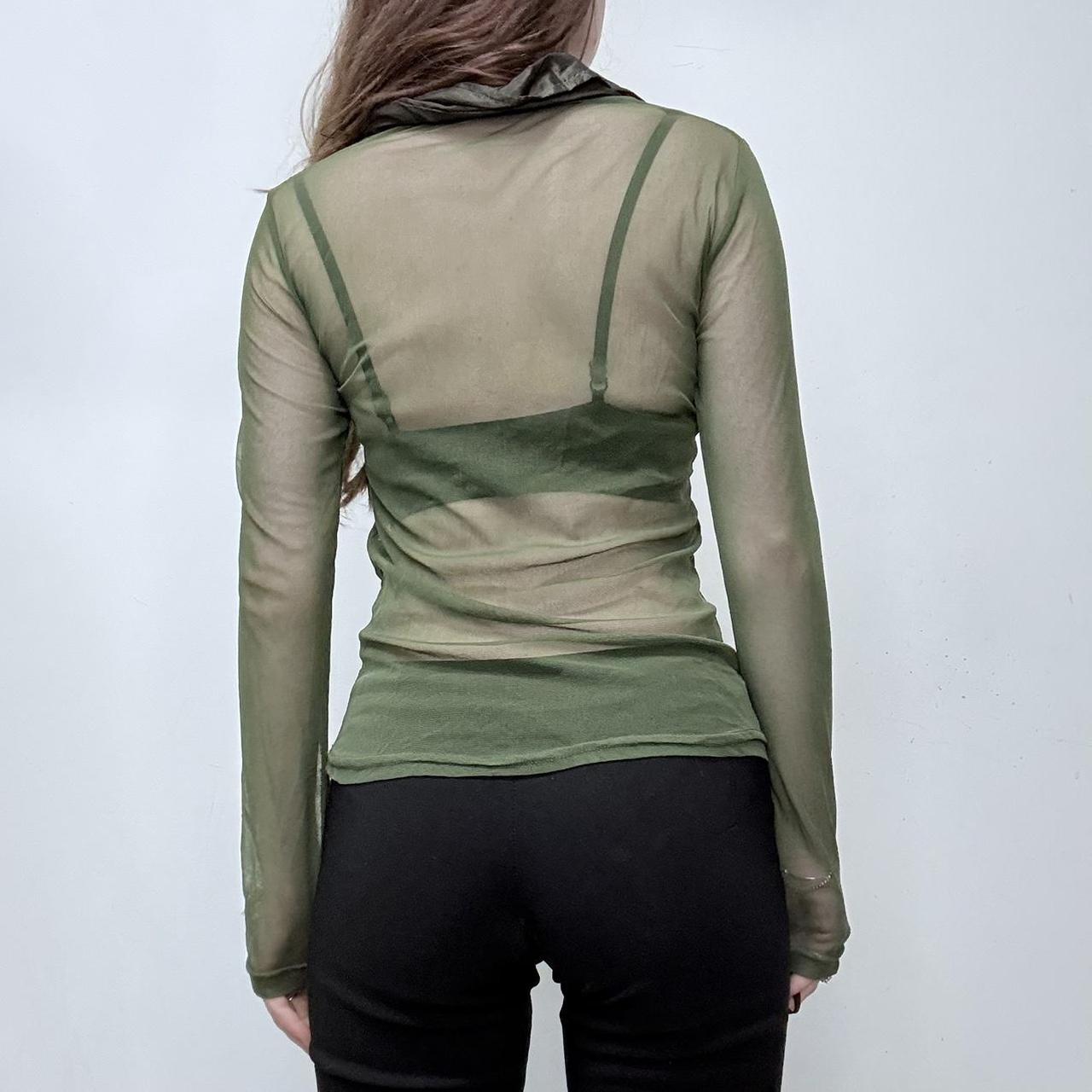Khaki green gathered mesh shirt