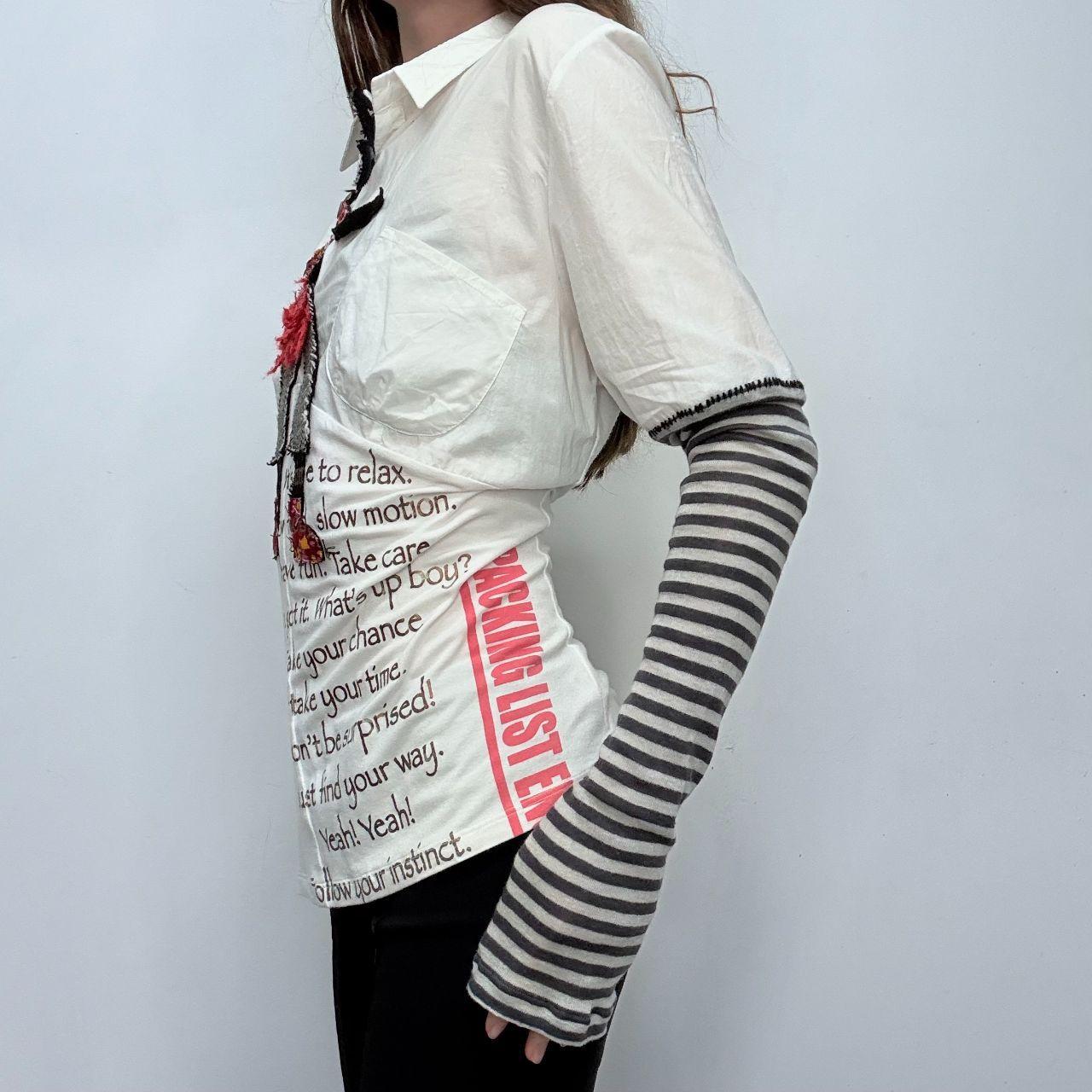 White graphic appliqué puff striped shirt