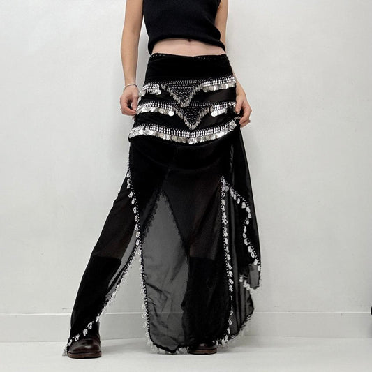Sheer black silver coin festival maxi skirt