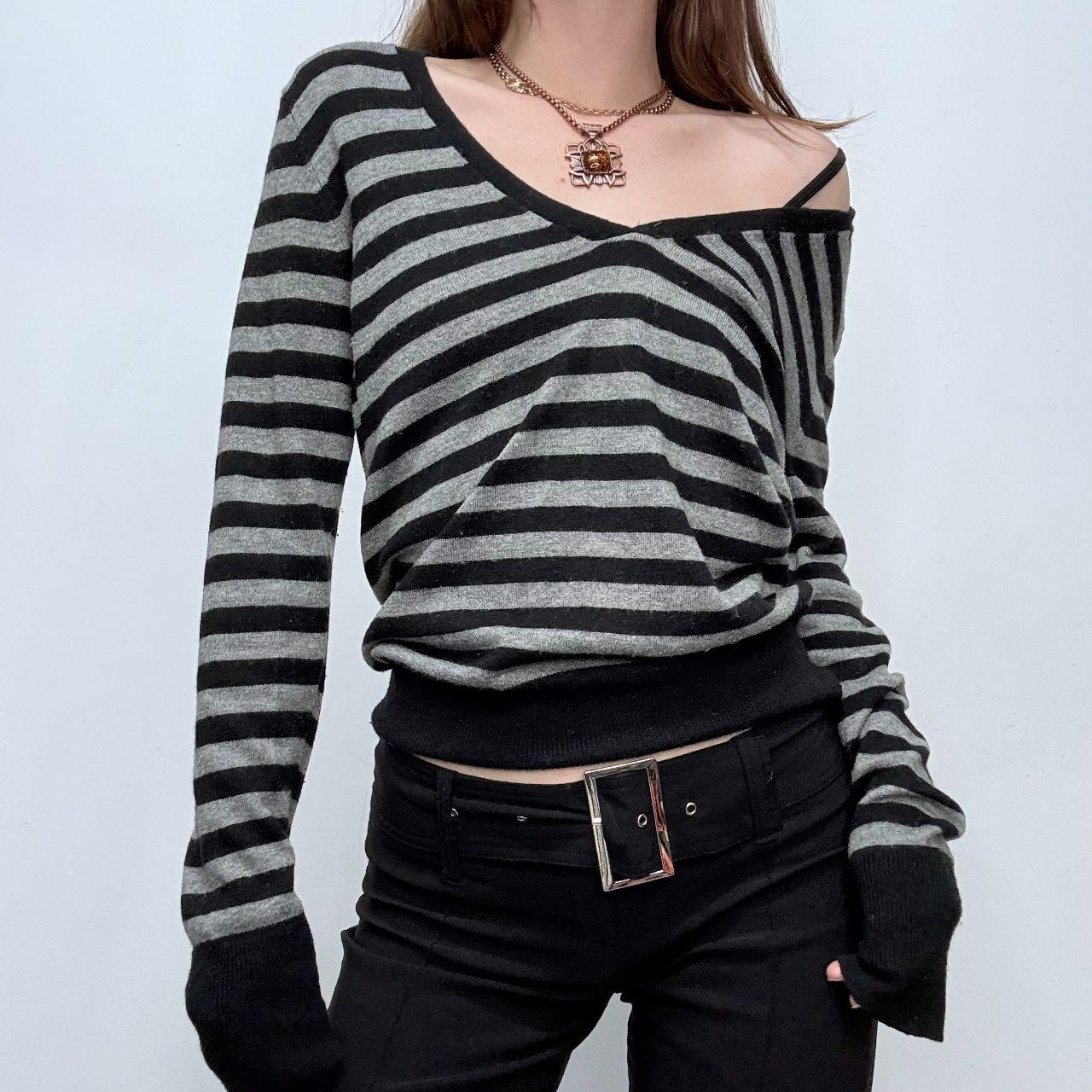 Grey wool knitted striped slouchy jumper
