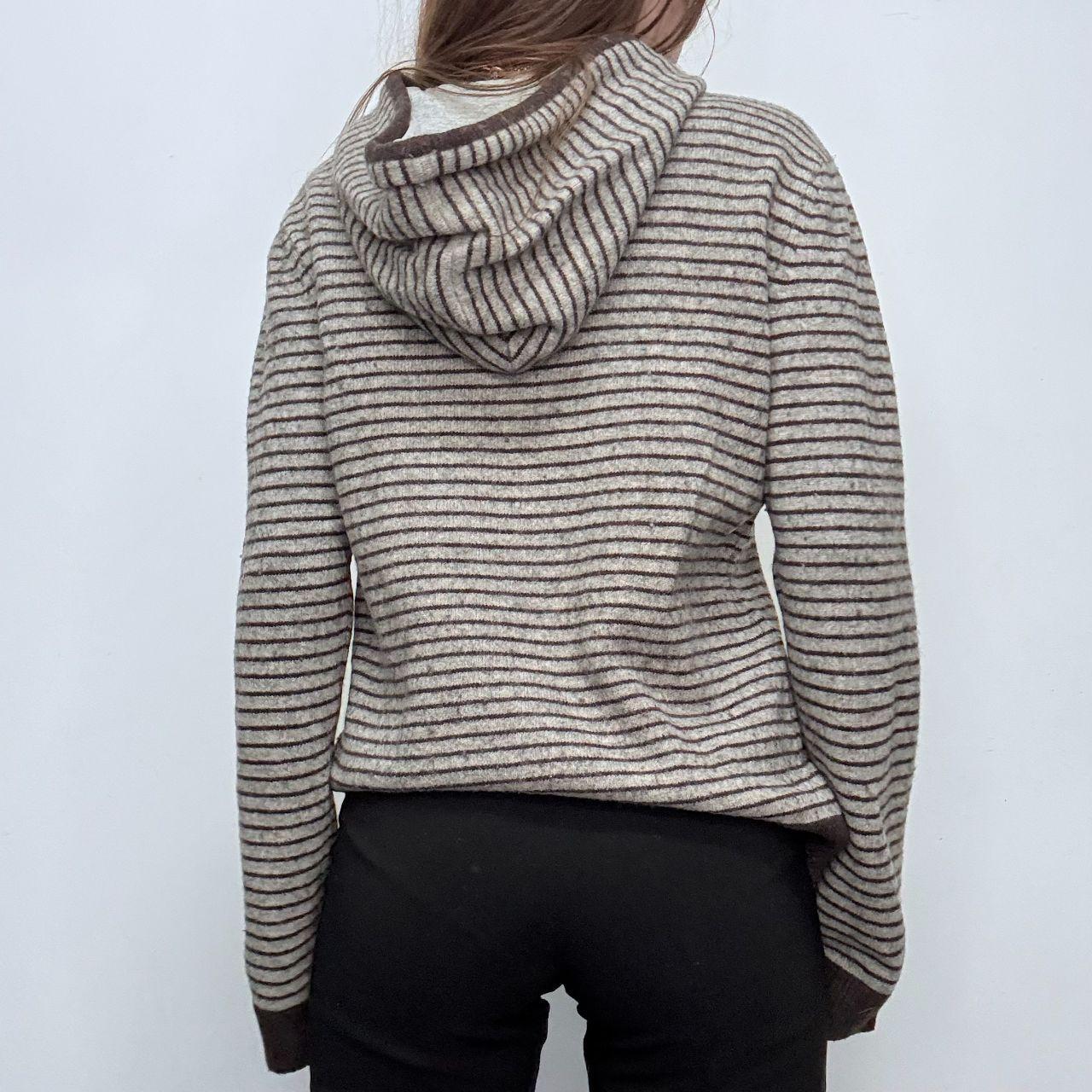 Grey wool pinstripe knitted hoodie jumper