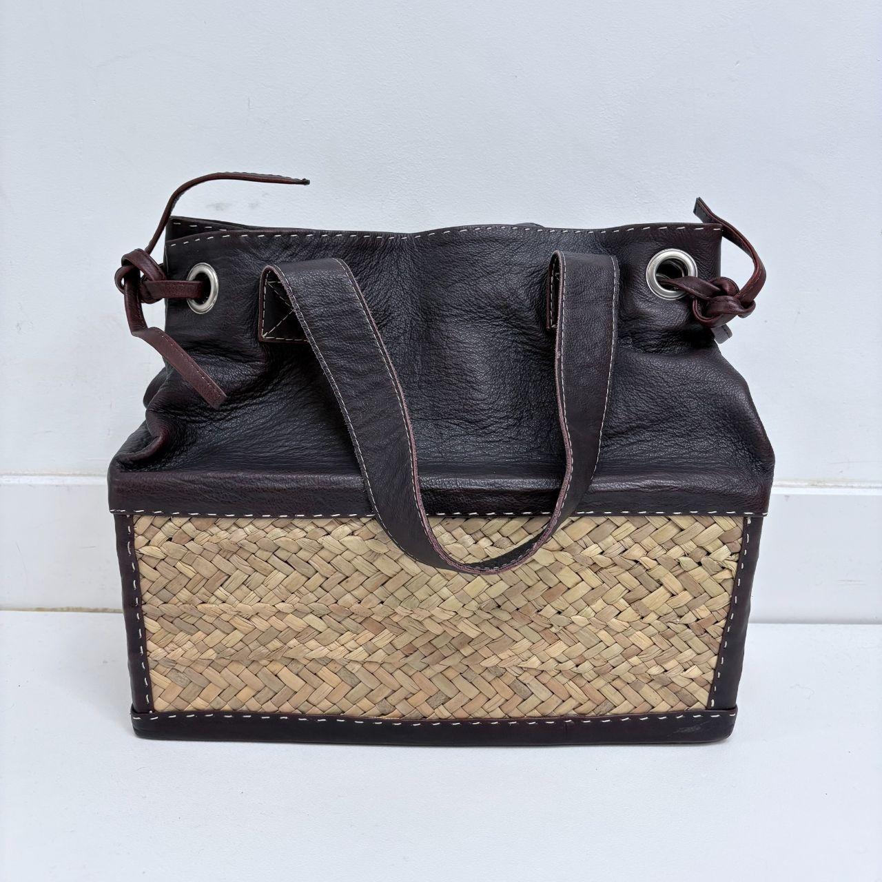 Brown leather rattan basket bag