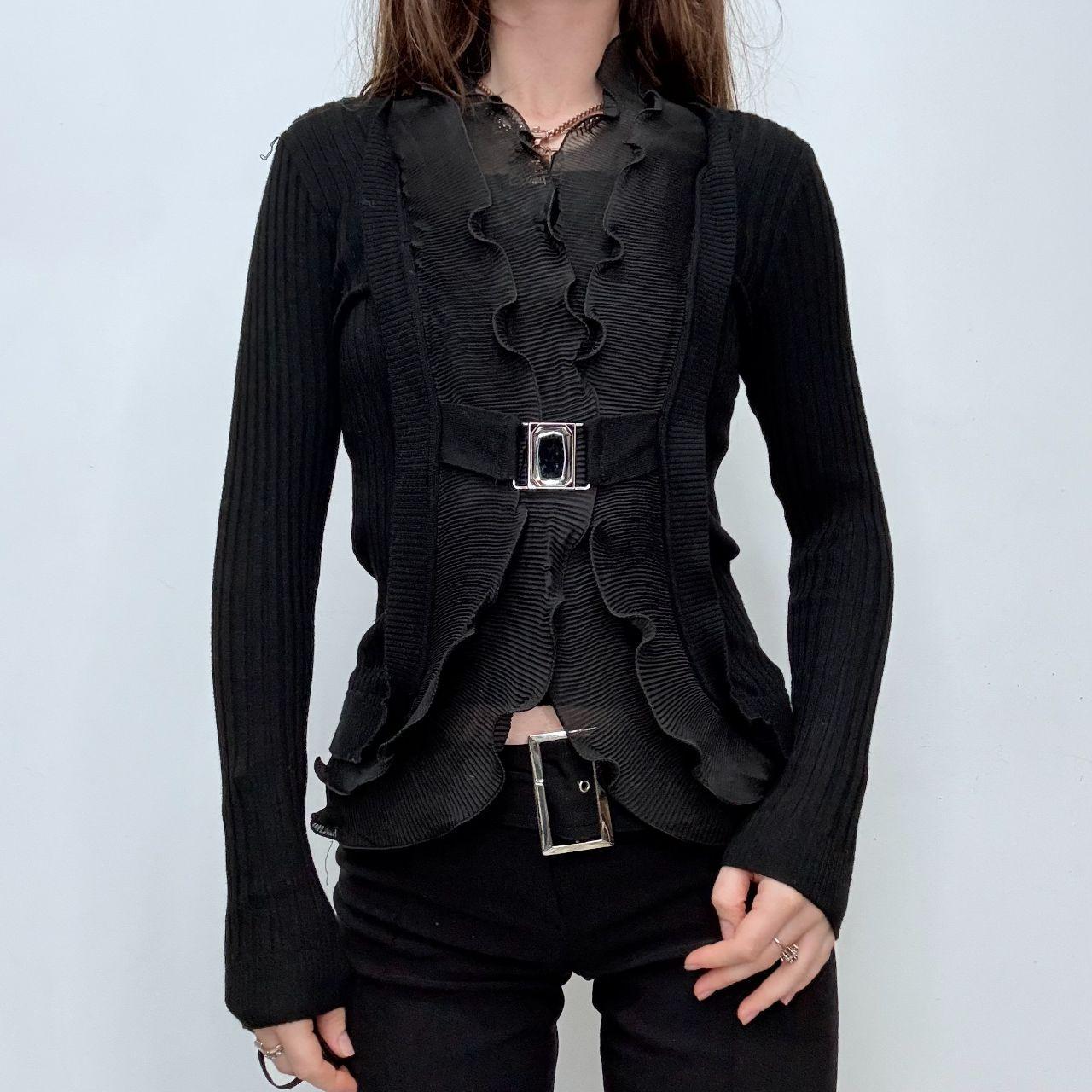 Black pleated ruffle shirt ribbed cardi