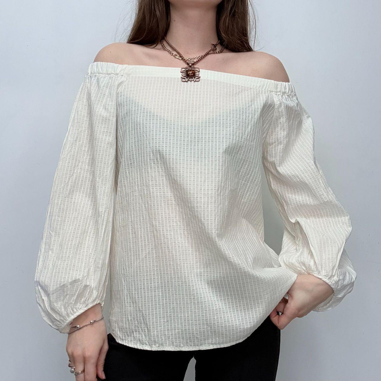 Cream sheer off the shoulder puff shirt