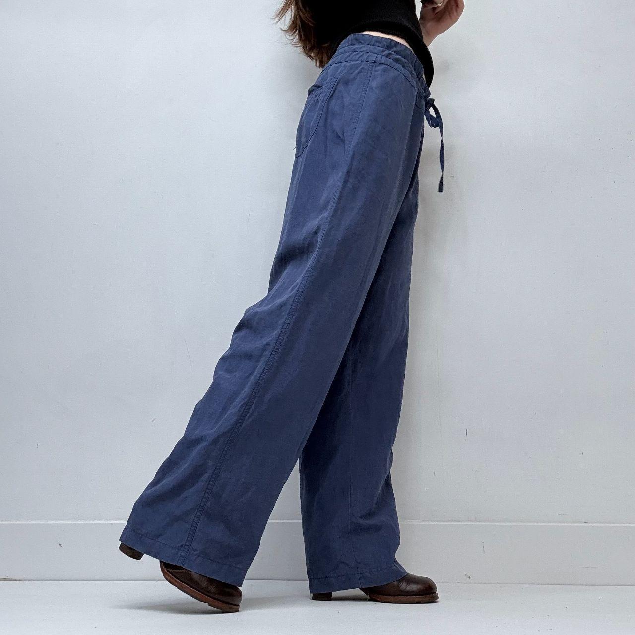 Blue wide-leg linen silk drawstring trousers