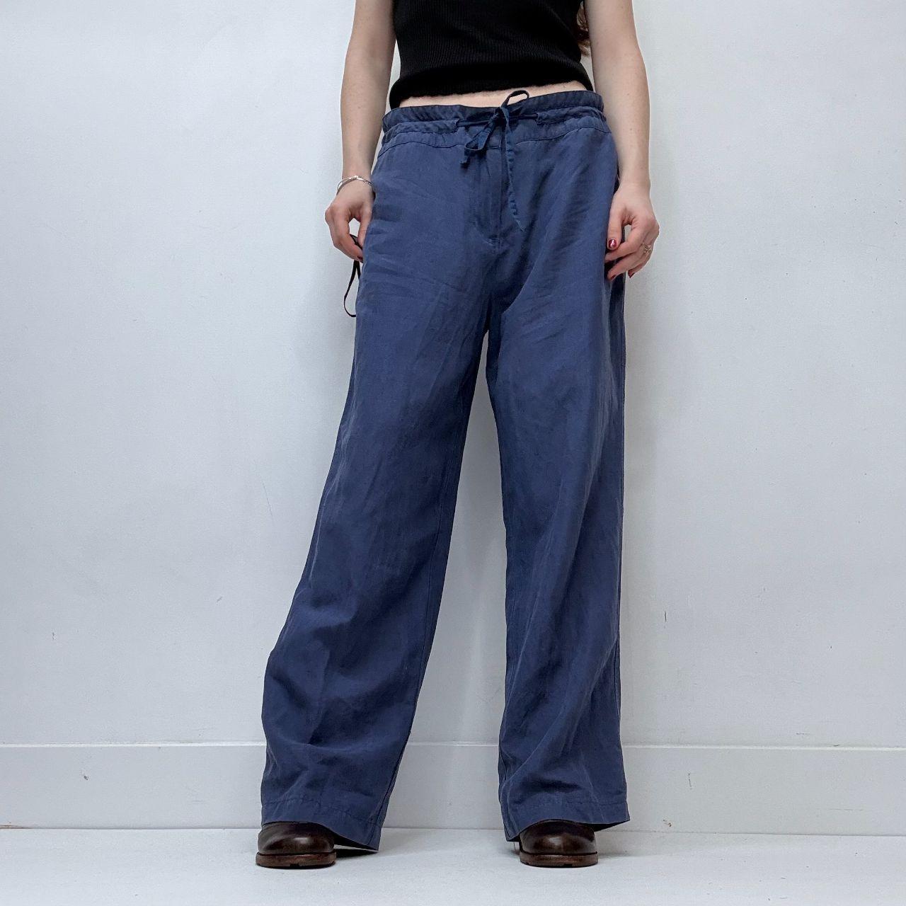 Blue wide-leg linen silk drawstring trousers