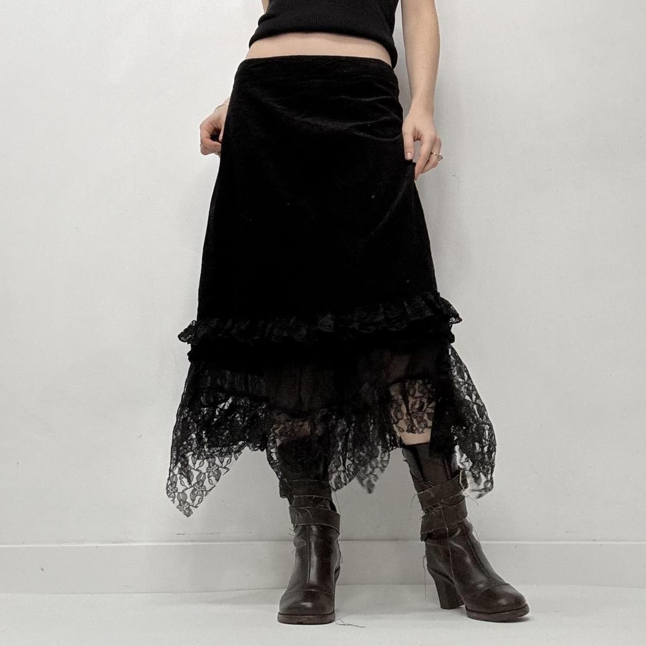 Black lace hem sheer gothic midi skirt