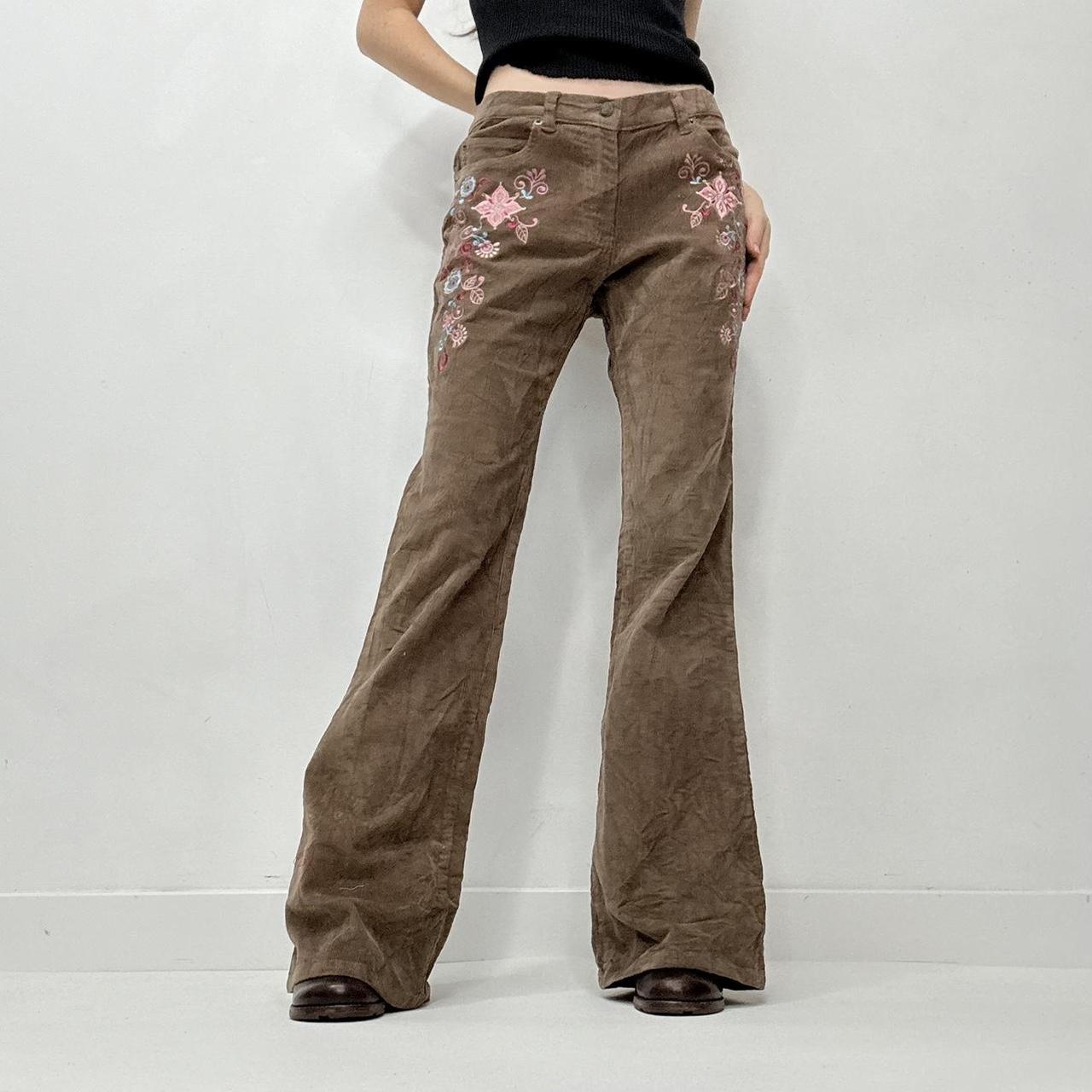 Brown cord embroidered flared trousers