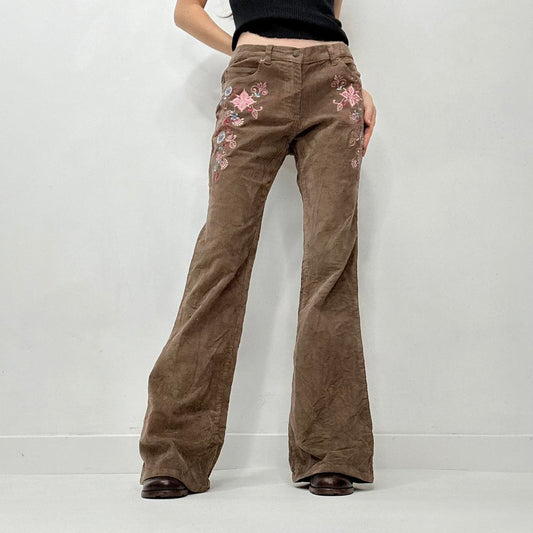 Brown cord embroidered flared trousers