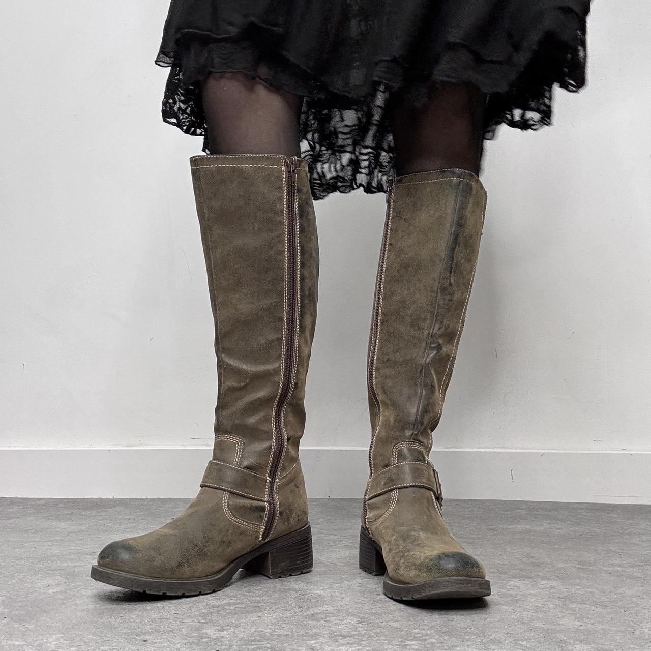 Distressed khaki leather knee high boots