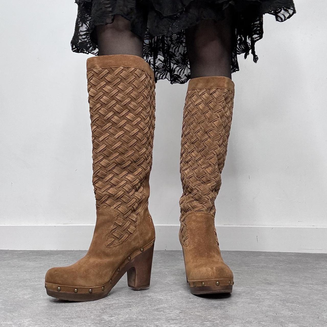 Tan suede woven leather stud clog boots