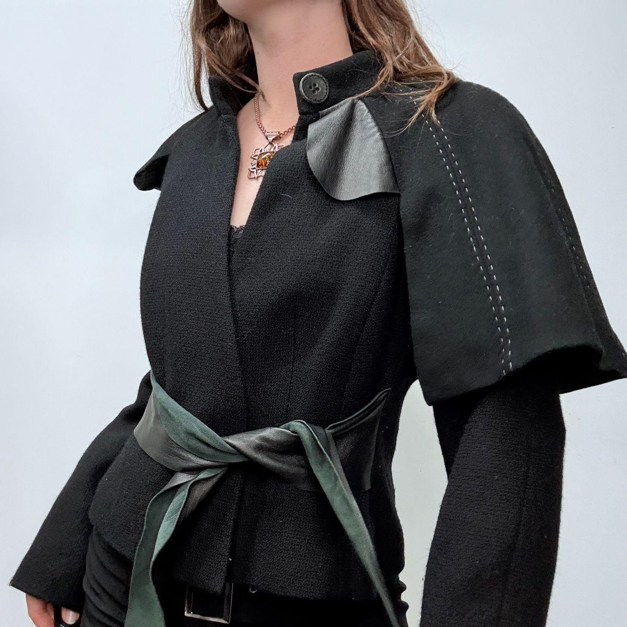 Black asymmetric flared draped jacket