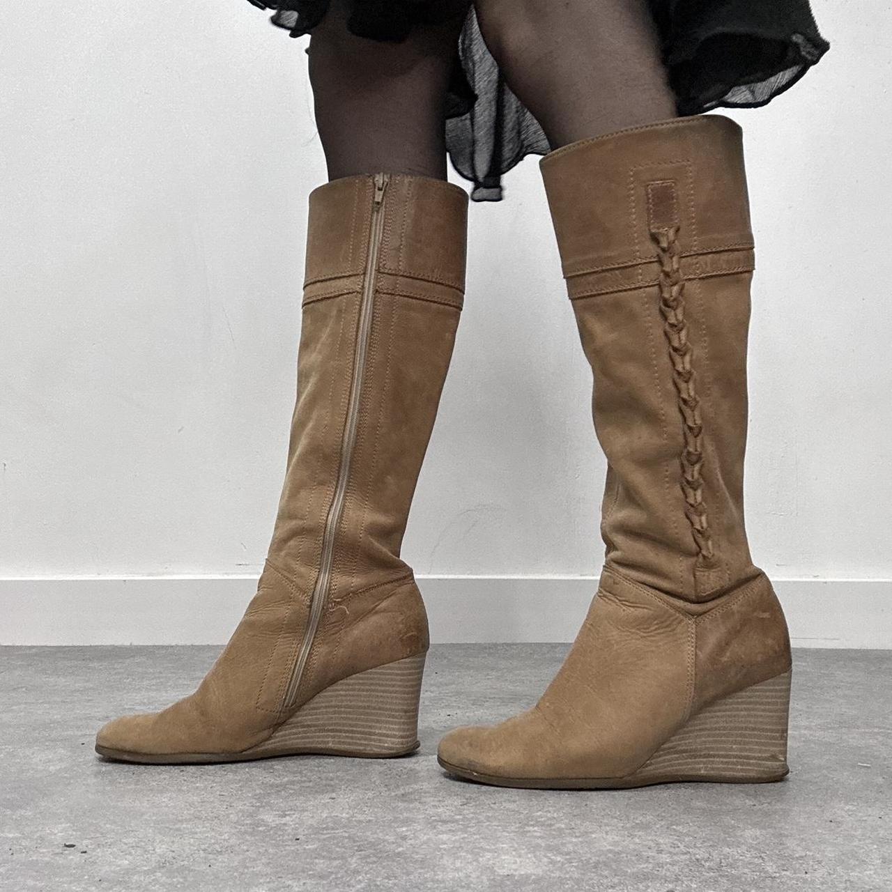 Wedge heel tan leather boots
