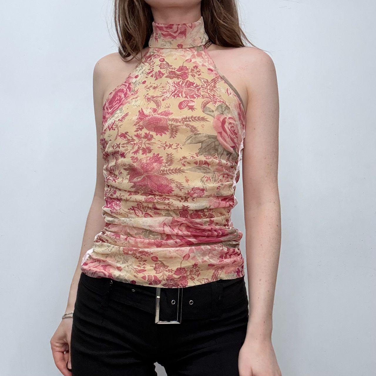 Sheer gathered mesh halter top