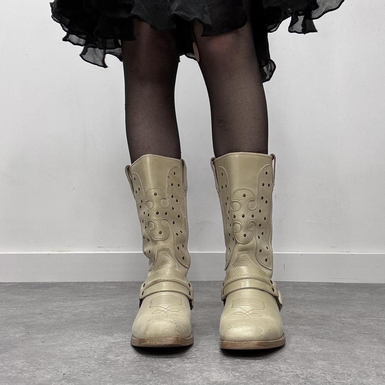 Cream leather chunky cowboy boots