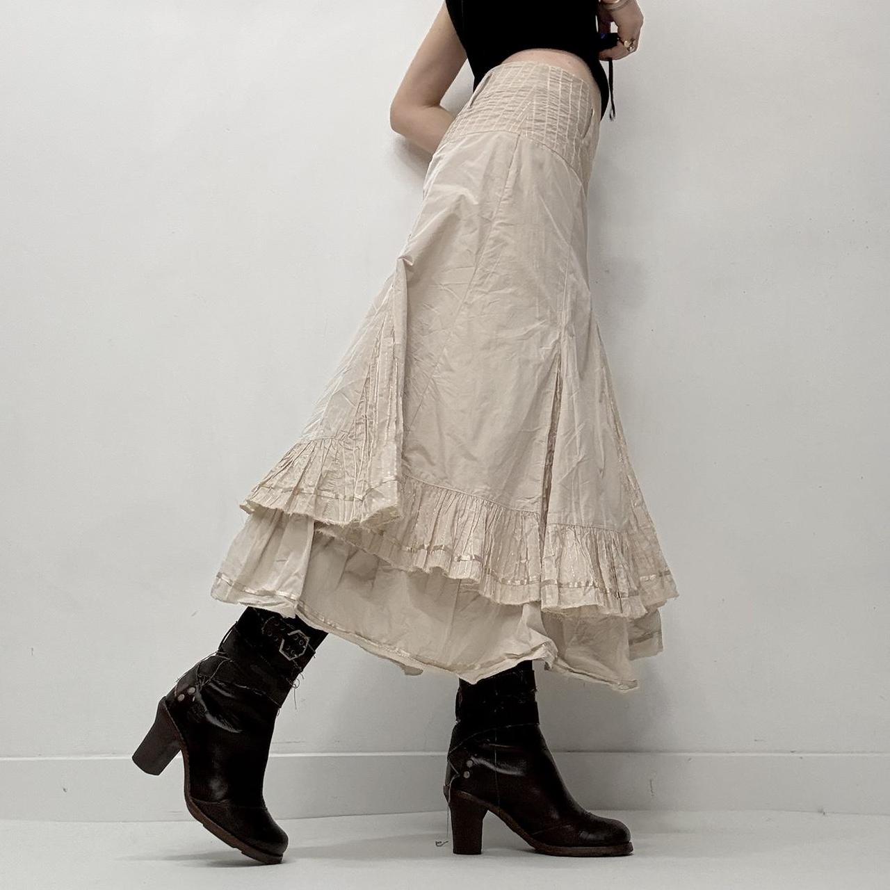 Tan pinstripe flared ruffle midi skirt