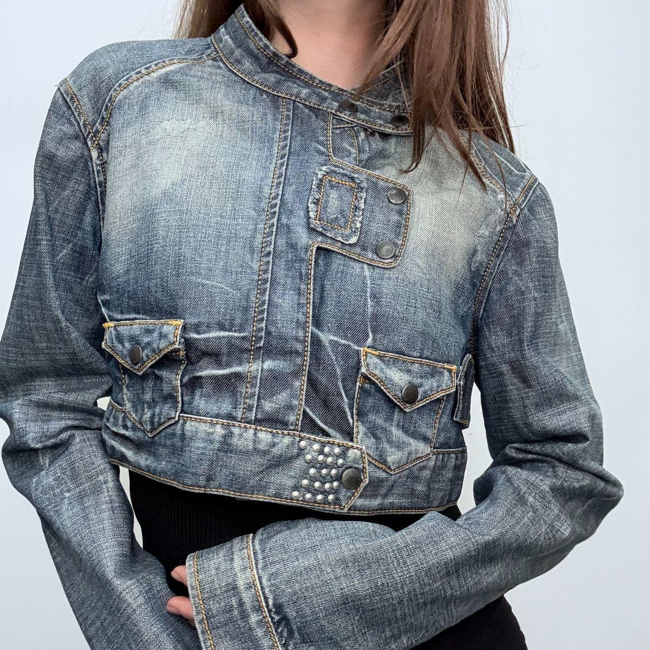 Distressed denim cropped utility jacket