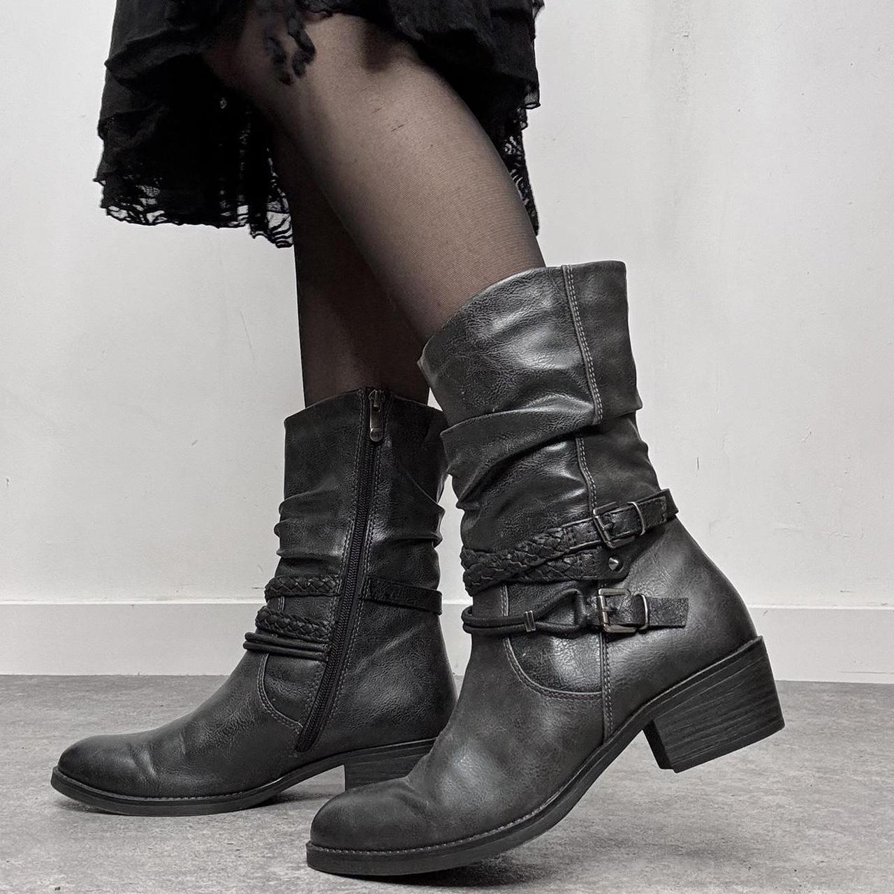 Black leather buckle biker boots