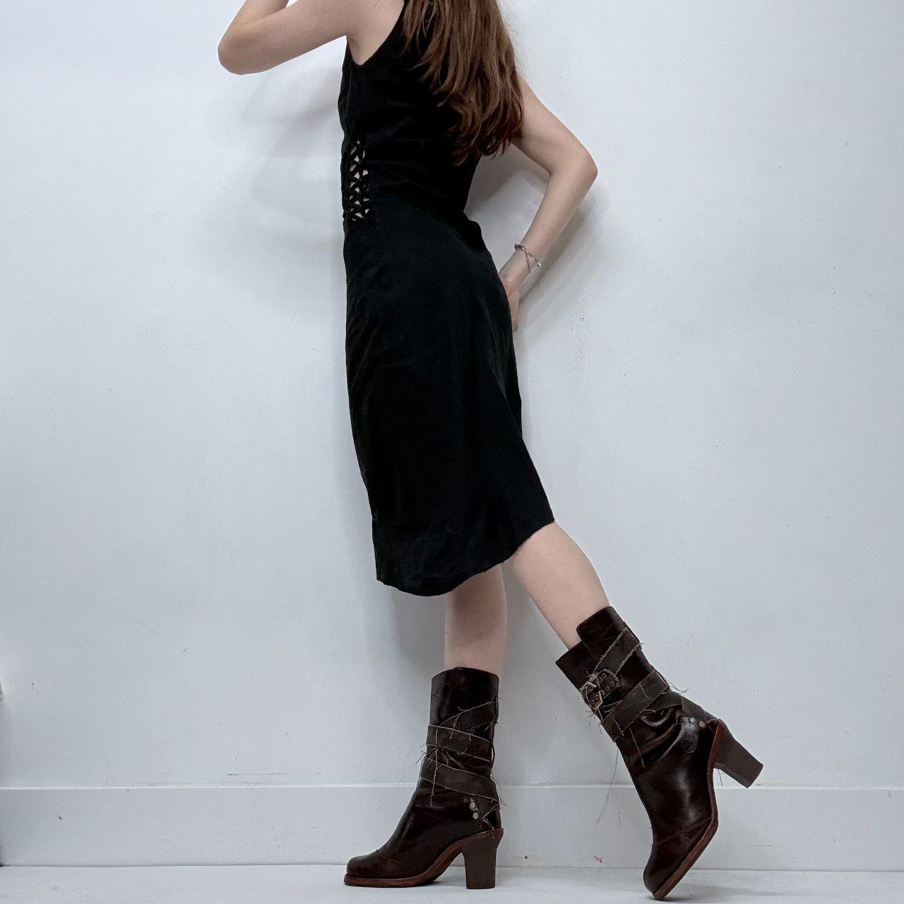 Black linen lace crochet cut out dress
