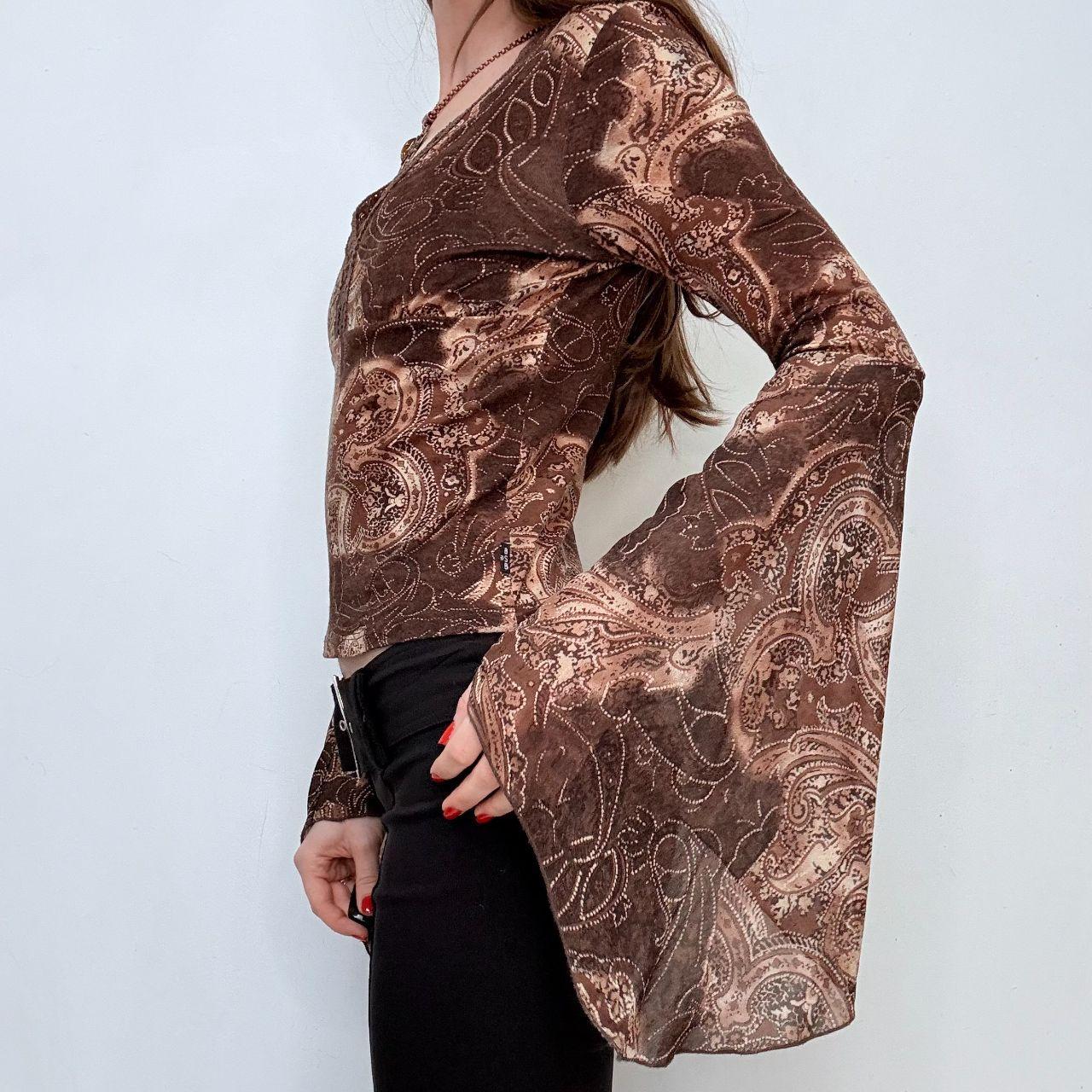 Brown flutter flared bell sleeve blouse