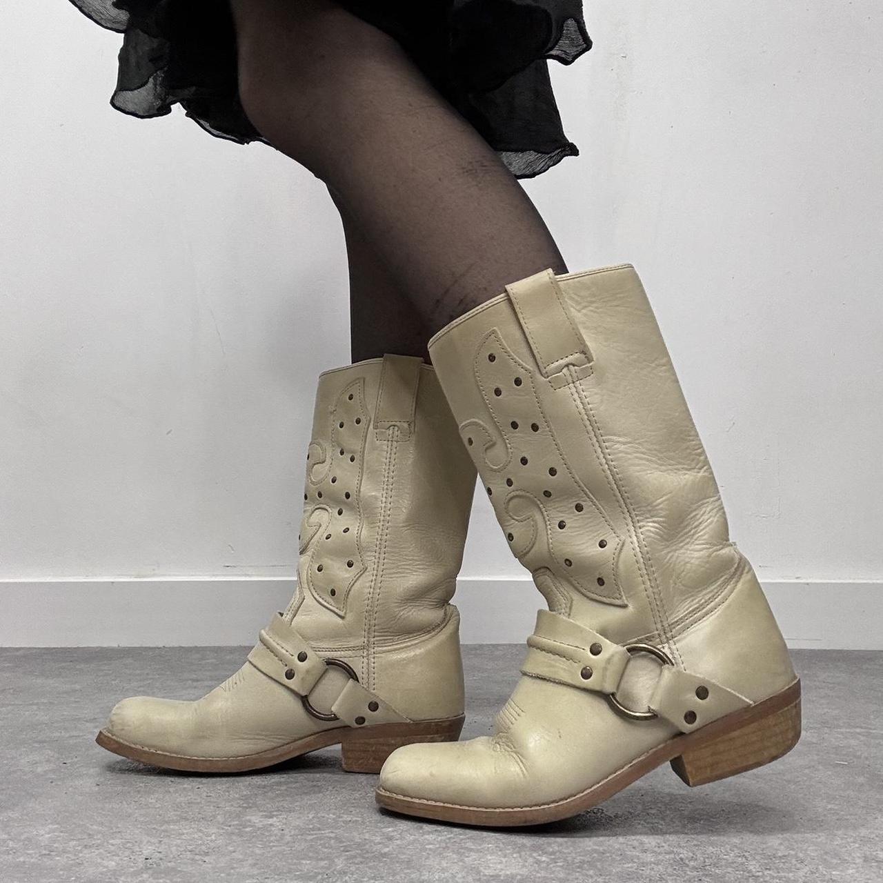 Cream leather chunky cowboy boots