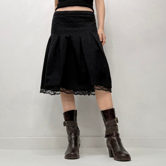 Pinstripe pleated lace midi skirt