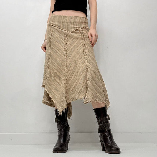 Distressed tan pinstriped midi skirt