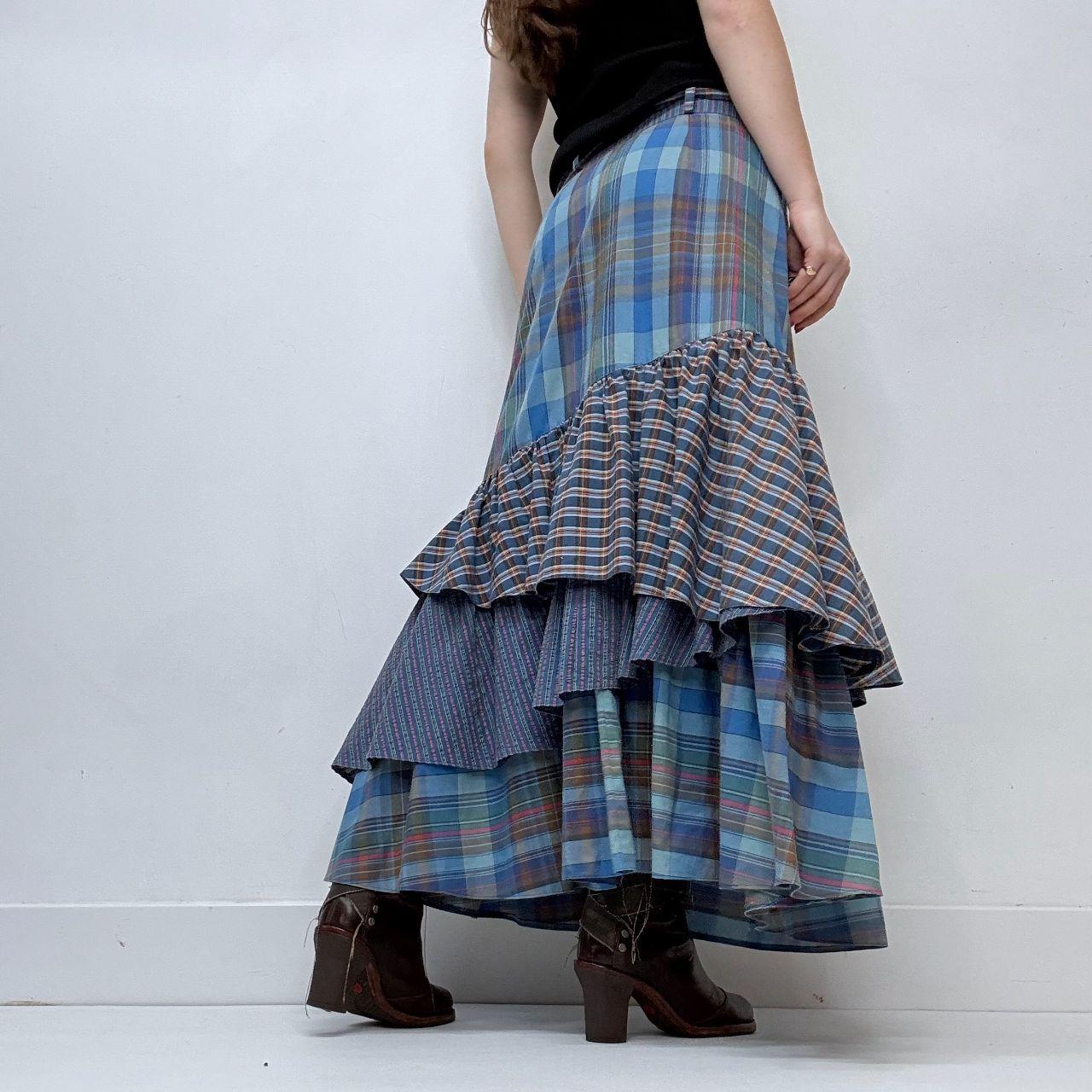 Tartan ruffle layered maxi skirt