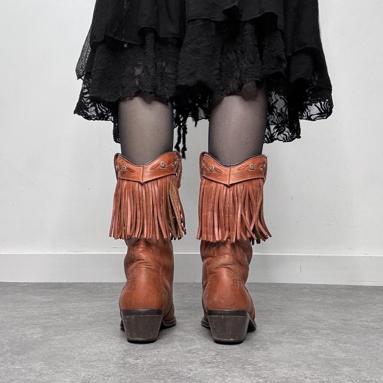 Tan leather fringe cowboy boots