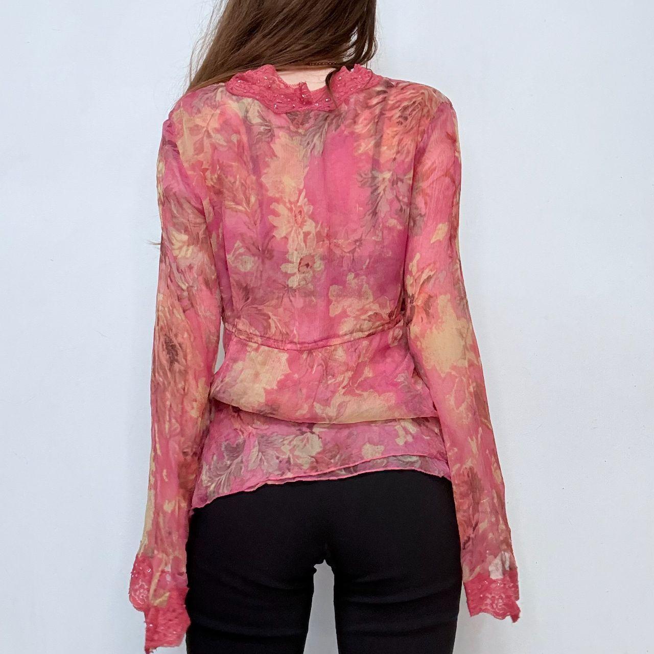 Pink silk floral lace flared shirt