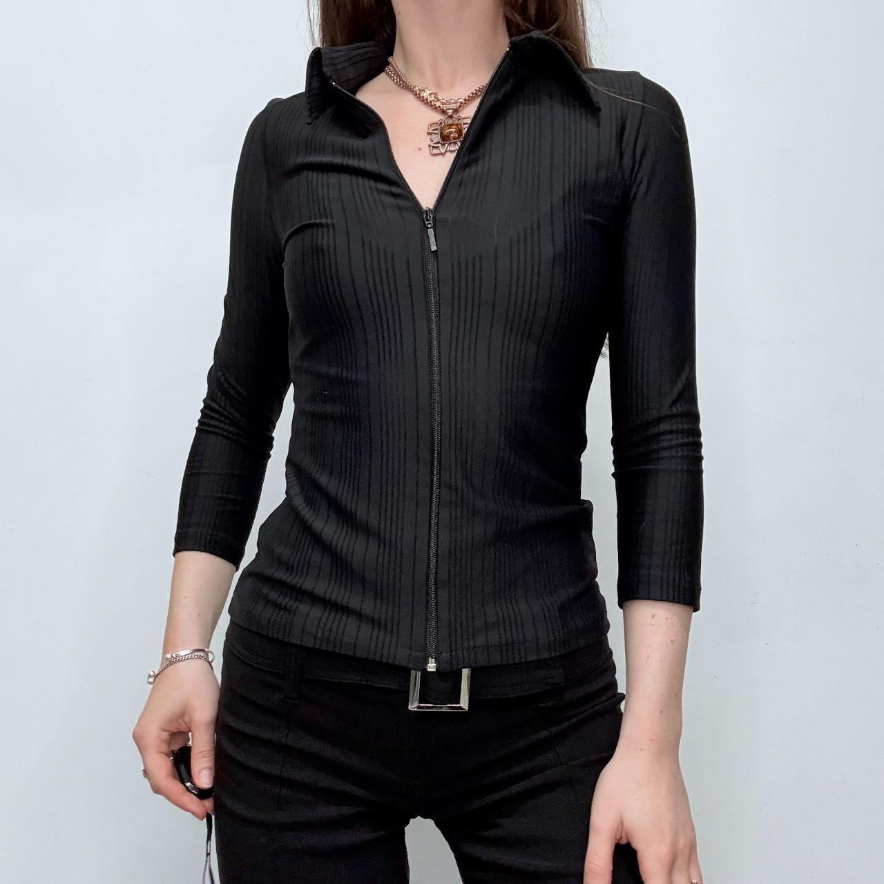 Fitted black pinstripe zip shirt