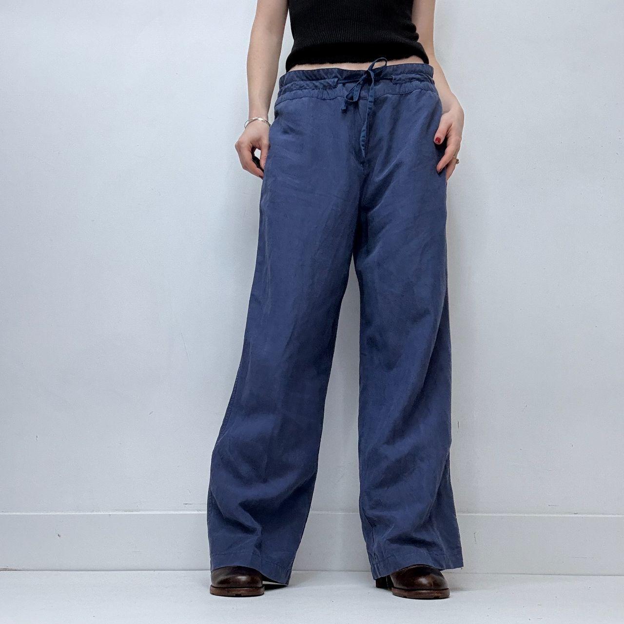 Blue wide-leg linen silk drawstring trousers