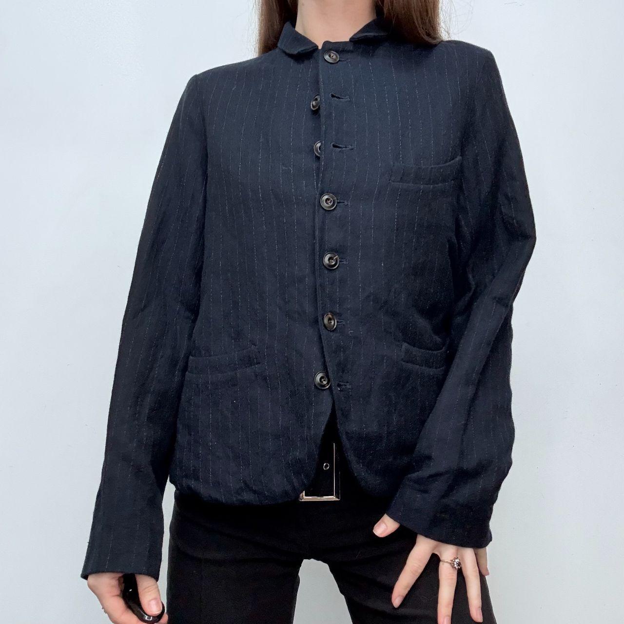Navy pinstripe flared high neck jacket